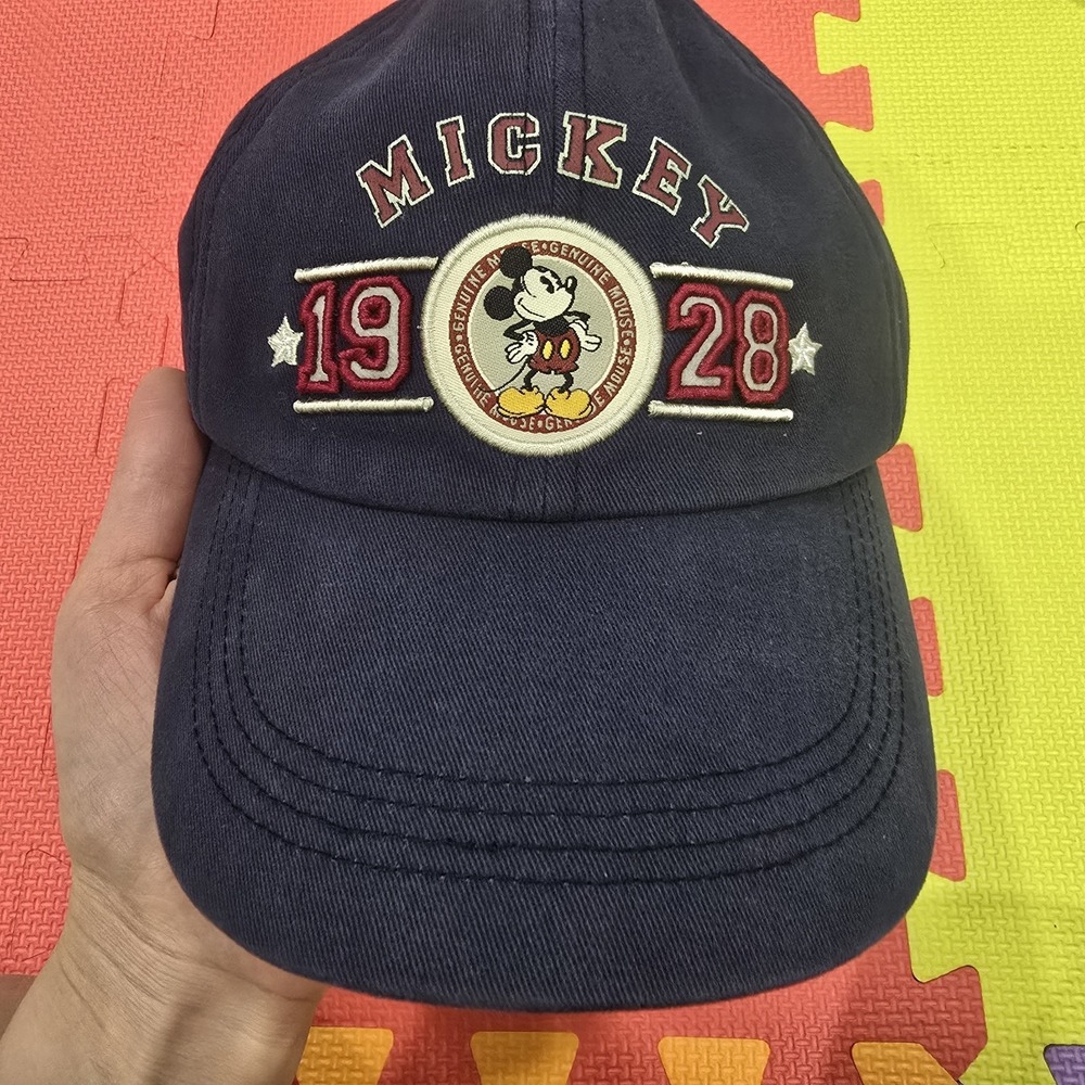 Vintage Disneyland Resort Mickey Mouse Hat Navy Blue 1928 Leather Strap Cap...